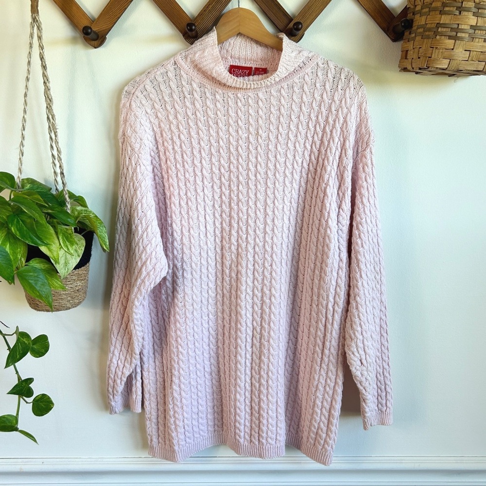 Vintage Crazy Horse Pink Cable Knit Mock Neck Sweater Ramie Cotton Blend Medium